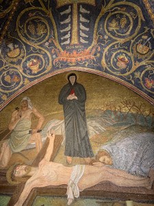 Mosaic of Jesus being nailed to the cross